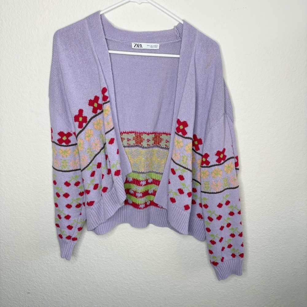 Zara Lavender Cherry Patterned Cardigan Sweater - image 1